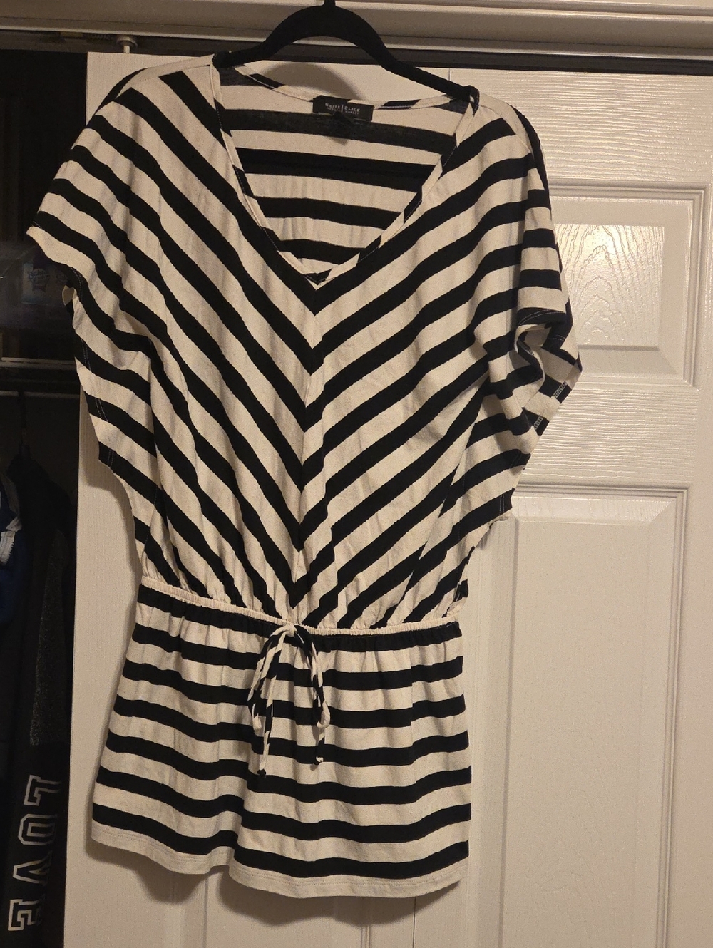 White House Black Market Black & White Striped V-Neck Tie-Waist Blouse
